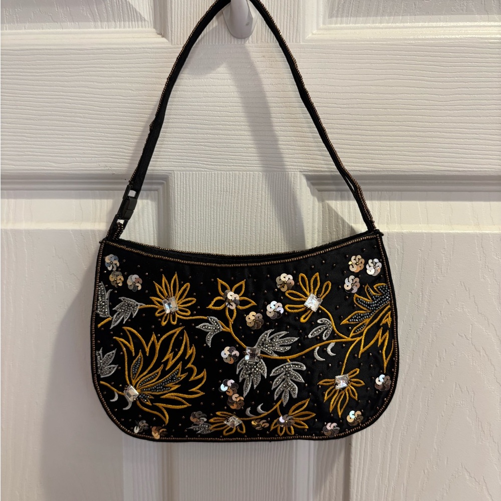 Vintage Black Beaded & Sequined Floral Shoulder Bag - Gold/Silver Embroidery